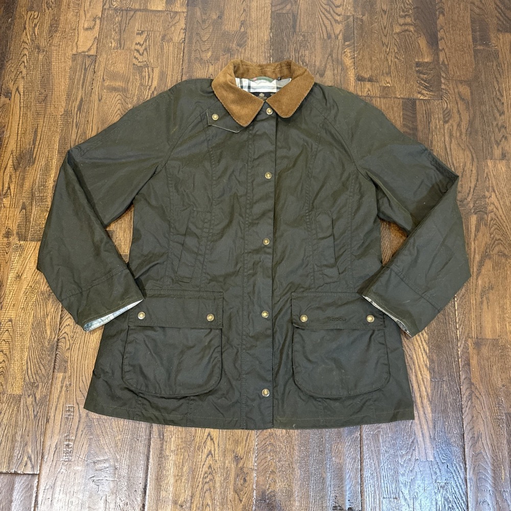 Barbour Beadnell Wax Cotton Jacket Women’s Size 12 Olive Green Tartan Lined EUC